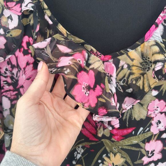 Tacera XL Black Pink Floral Ruffle Shift Dress Sleeveless Wedding Guest Feminine - Picture 3 of 12